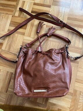 Poppy & Peonies Cognac Textured Drawstring Shoulder Bag with Tassels